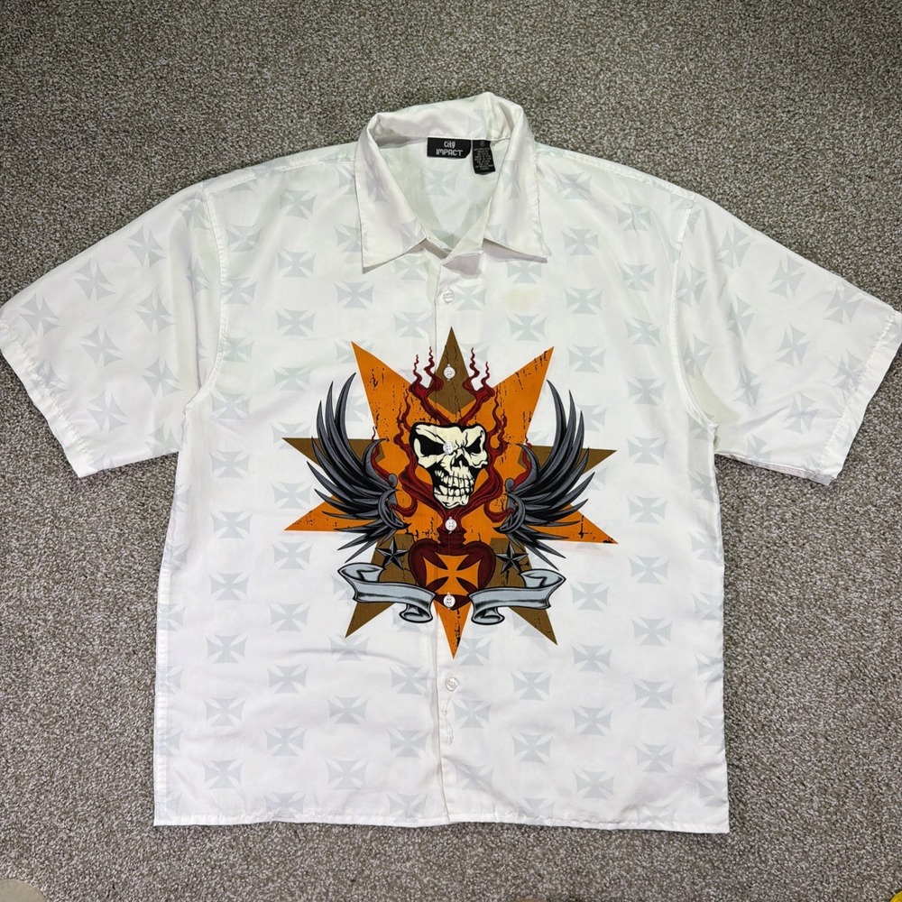 Vintage City Impact Button Up Iron Cross AOP XL White Y2K West Coast Style